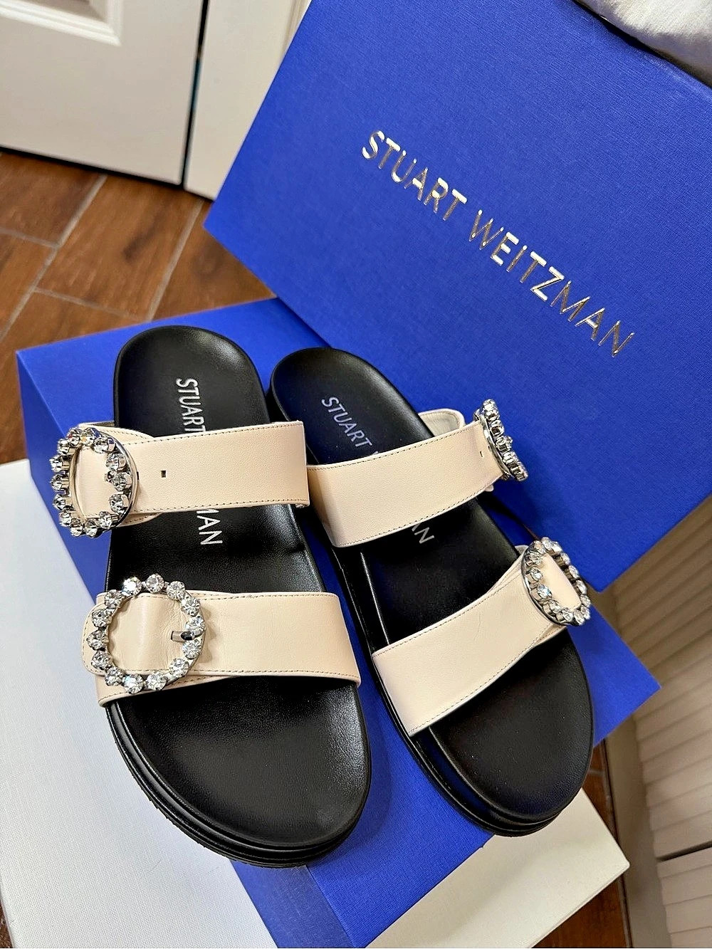 Stuart Weitzman Shine Buckle Slide Sandal White & Black Sandals